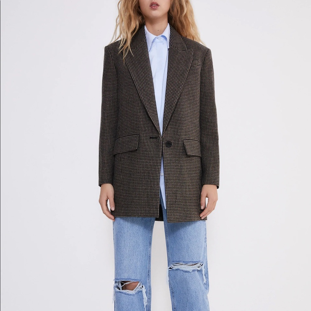 Zara Brown Houndstooth Blazer Jacket